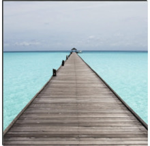 Eine lange Holzbrücke führt ins Meer.