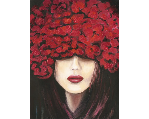 Tableau sur toile Head With II 84x116 cm Peinture d''une femme avec une décoration florale rouge
