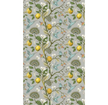 Gemustertes Textil mit Zitronen, Kolibris und floralen Motiven