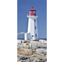 Weißer Leuchtturm mit roter Kuppel auf Felsen