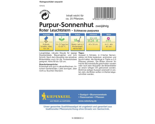 Purpur Sonnenhut Samenpackung mit Informationen zu Aussaat, Keimung, Kultur, Abstand und Blütezeit