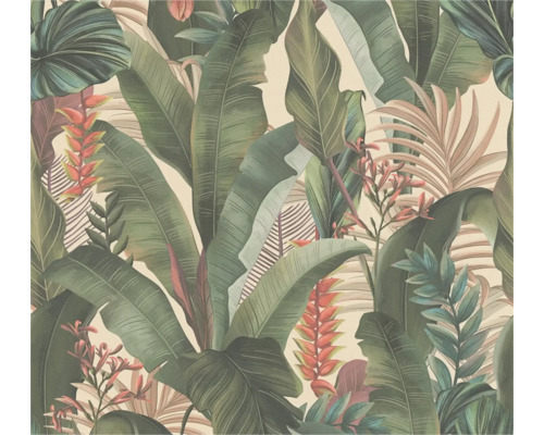 Papier peint intissé 39435-1 Drawn into Nature jungle beige vert rose Papier peint avec motif de feuilles et de fleurs