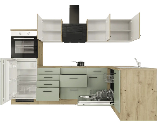 Küchenzeile mit Schubladen, Schränken, Spüle, Geschirrspüler, Kühlschrank, Backofen und Dunstabzugshaube