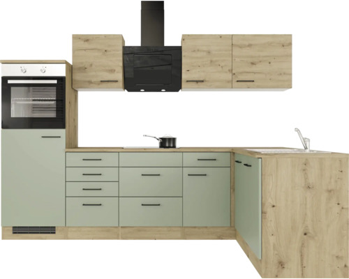 Küchenzeile mit Hängeschränken, Dunstabzugshaube, Spüle und Einbaubackofen