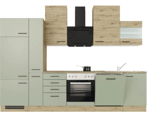 Küchenzeile mit Hängeschränken, Dunstabzugshaube, Spüle, Geschirrspüler und Herd