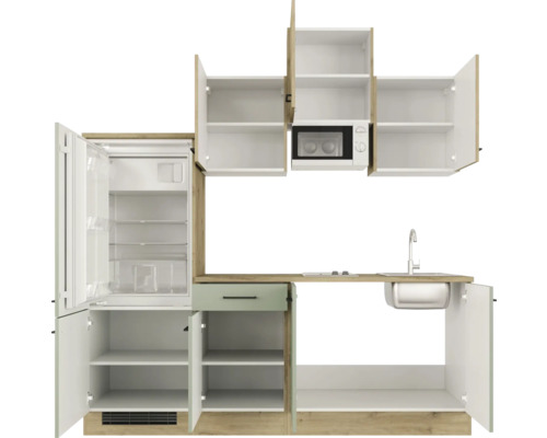 Cuisine compacte avec réfrigérateur, micro-ondes, évier et espace de rangement