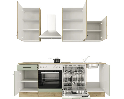 Komplette Küchenzeile mit Spüle, Geschirrspüler, Backofen, Kochfeld, Dunstabzugshaube und Schränken