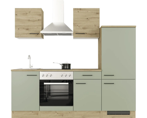 Küchenzeile mit Spüle, Kochfeld, Backofen, Dunstabzugshaube und Schränken