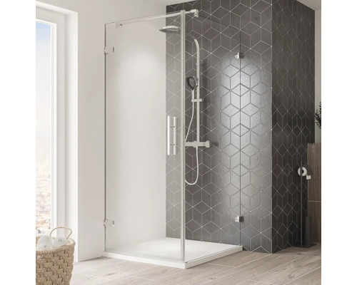 Porte de douche avec paroi latérale avec porte pivotante BREUER Avanta sans cadre 90 x 90 cm profilé chromé verre transparent tirant gauche butée de paroi latérale droite