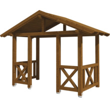 Holzpavillon mit Giebeldach und dekorativen Holzelementen