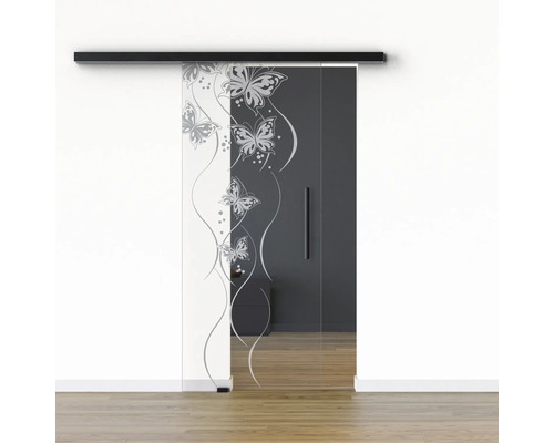 Porte vitrée coulissante Pertura set complet Glera Butterfly 01 775x2175 mm gauche y compris ferrure Selir aluminium noir, poignée barre Porte vitrée coulissante Pertura set complet Glera Butterfly 01 775x2175 mm gauche y compris ferrure Selir aluminium noir, poignée barre