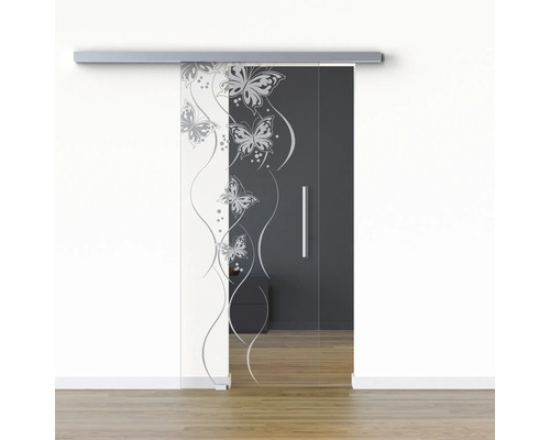 Porte vitrée coulissante Pertura set complet Glera Butterfly 01 900x2050 mm gauche y compris ferrure Selir aluminium aspect inox, poignée barre Porte coulissante en verre avec motif papillon