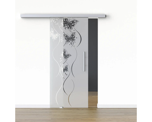 Porte vitrée coulissante Pertura set complet Glera Butterfly 02 775x2050 mm gauche y compris ferrure Selir aluminium naturel, poignée barre