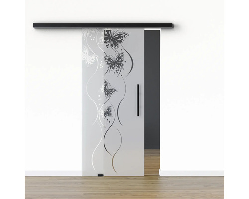 Porte vitrée coulissante Pertura set complet Glera Butterfly 02 775x2050 mm gauche y compris ferrure Selir aluminium noir, poignée barre Porte vitrée coulissante Pertura set complet Glera Butterfly 02 775x2050 mm gauche y compris ferrure Selir aluminium noir, poignée barre