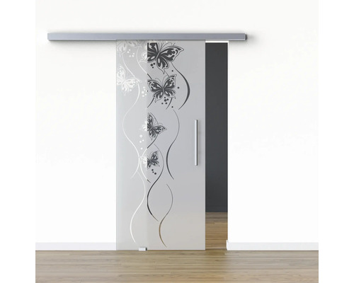 Pertura Glasschiebetür Komplettset Glera Butterfly 02 900x2175 mm Links inkl. Beschlag Selir Aluminium Edelstahloptik,Stangengriff Schiebetür aus Glas mit Schmetterlingsmuster