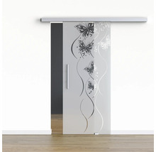 Porte en verre avec système de porte coulissante et motif papillon