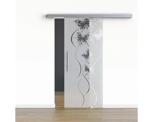 Porte vitrée coulissante Pertura set complet Glera Butterfly 02 1025x2050 mm droite y compris ferrure Selir aluminium aspect inox, poignée barre