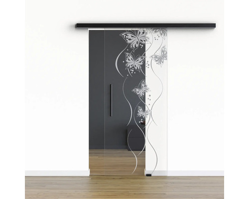 Porte vitrée coulissante Pertura set complet Glera Butterfly 01 775x2175 mm droite y compris ferrure Selir aluminium noir, poignée barre