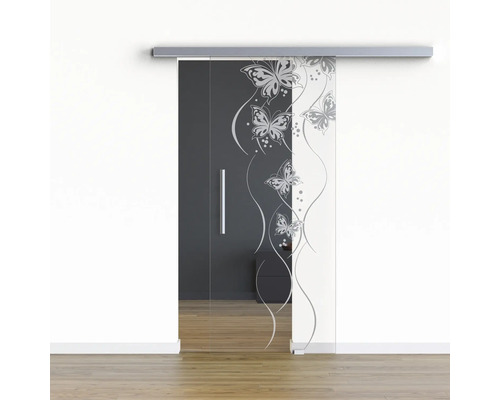 Pertura Glasschiebetür Komplettset Glera Butterfly 01 900x2050 mm Rechts inkl.Beschlag Selir Aluminium Edelstahloptik,Stangengriff Glasschiebetür mit Schmetterlingsdesign für den Innenbereich