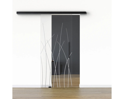 Porte vitrée coulissante Pertura set complet Glera Reeds 01 775x2050 mm gauche y compris ferrure Selir aluminium noir, poignée barre Porte vitrée coulissante Pertura set complet Glera Reeds 01 775x2050 mm gauche y compris ferrure Selir aluminium noir, poignée barre