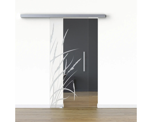 Porte vitrée coulissante Pertura set complet Glera Blade 01 775x2050 mm gauche y compris ferrure Selir aluminium aspect inox, poignée barre Porte en verre avec motif d''herbes et système de porte coulissante devant un mur