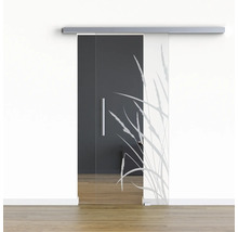 Glasschiebetür mit Gräser Design vor heller Wand