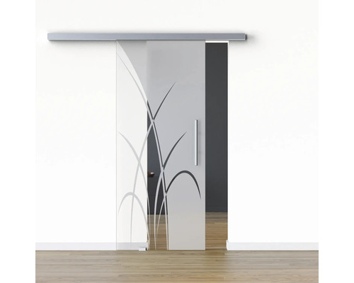 Porte vitrée coulissante Pertura set complet Glera Green 02 900x2050 mm gauche y compris ferrure Selir aluminium aspect inox, poignée barre Porte coulissante en verre avec motif et poignée
