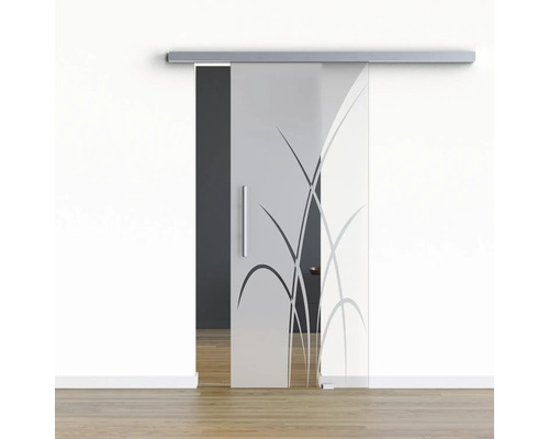 Pertura Glasschiebetür Komplettset Glera Green 02 1025x2175 mm Rechts inkl. Beschlag Selir Aluminium Edelstahloptik,Stangengriff Glasschiebetür mit Pflanzenmuster