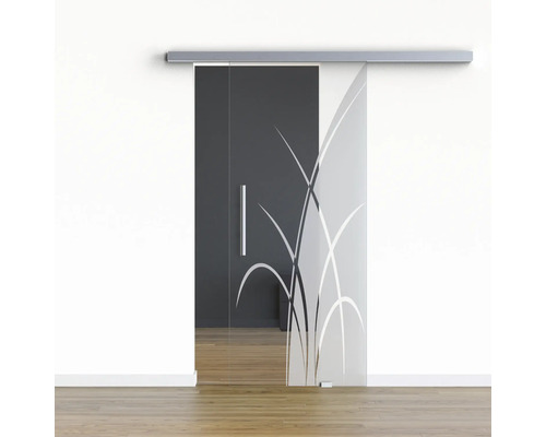 Pertura Glasschiebetür Komplettset Glera Green 01 775x2175 mm Rechts inkl.Beschlag Selir Aluminium Edelstahloptik,Stangengriff Glasschiebetür mit Gräserdesign vor einer Wand