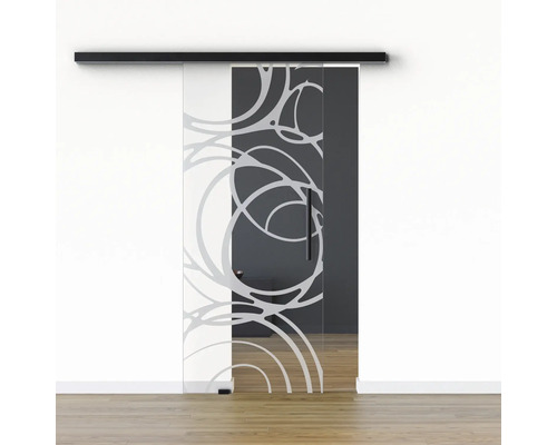 Porte vitrée coulissante Pertura set complet Glera Mystic 01 775x2050 mm gauche y compris ferrure Selir aluminium noir, poignée barre