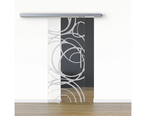 Pertura Glasschiebetür Komplettset Glera Mystic 01 900x2175 mm Links inkl. Beschlag Selir Aluminium Edelstahloptik,Stangengriff Glasschiebetür mit Muster vor einer Wand