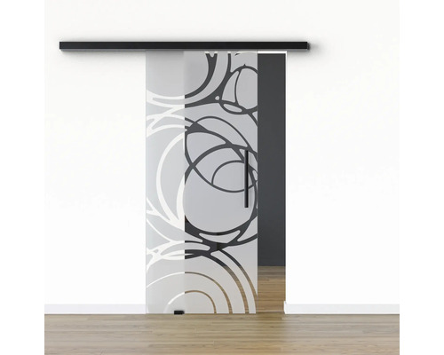 Porte vitrée coulissante Pertura set complet Glera Mystic 02 775x2050 mm gauche y compris ferrure Selir aluminium noir, poignée barre Porte vitrée coulissante Pertura set complet Glera Mystic 02 775x2050 mm gauche y compris ferrure Selir aluminium noir, poignée barre