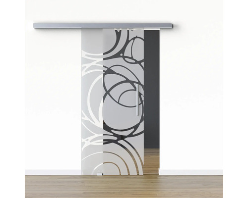 Pertura Glasschiebetür Komplettset Glera Mystic 02 900x2050 mm Links inkl.Beschlag Selir Aluminium Edelstahloptik,Stangengriff Schiebetür aus Glas mit abstraktem Muster und Griff
