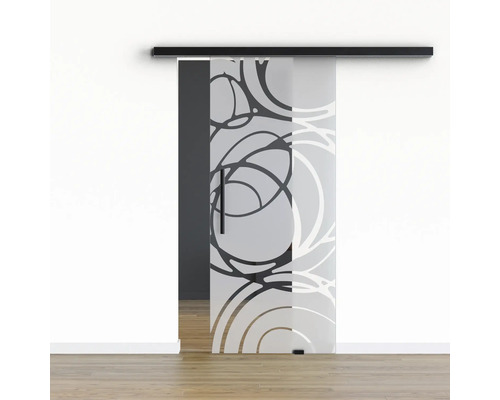 Porte vitrée coulissante Pertura set complet Glera Mystic 02 775x2050 mm droite y compris ferrure Selir aluminium noir, poignée barre Porte vitrée coulissante Pertura set complet Glera Mystic 02 775x2050 mm droite y compris ferrure Selir aluminium noir, poignée barre