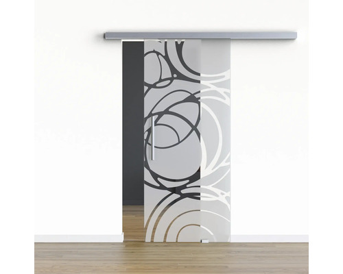 Pertura Glasschiebetür Komplettset Glera Mystic 02 900x2050 mm Rechts inkl.Beschlag Selir Aluminium Edelstahloptik,Stangengriff Schiebetür aus Glas mit Muster vor einer Wand