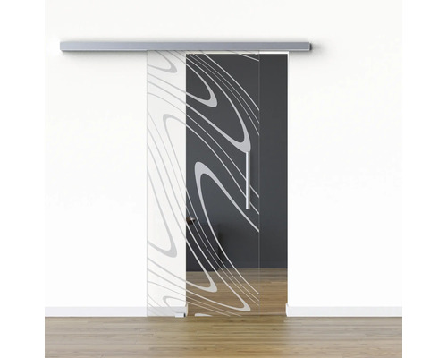 Pertura Glasschiebetür Komplettset Glera Water 01 900x2175 mm Links inkl. Beschlag Selir Aluminium Edelstahloptik,Stangengriff Glasschiebetür mit Muster und Griff