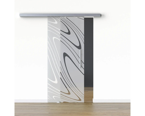 Porte vitrée coulissante Pertura set complet Glera Water 02 900x2050 mm gauche y compris ferrure Selir aluminium aspect inox, poignée barre Porte coulissante en verre avec motif et poignée