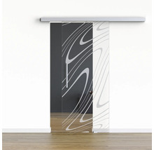 Porte coulissante en verre avec motif devant un mur