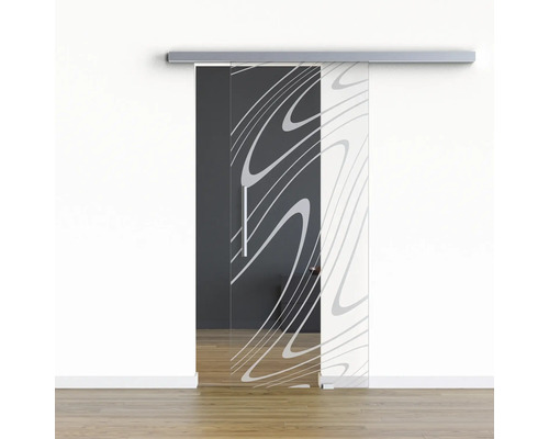 Pertura Glasschiebetür Komplettset Glera Water 01 775x2050 mm Rechts inkl.Beschlag Selir Aluminium Edelstahloptik,Stangengriff Glasschiebetür mit Muster vor einer Wand