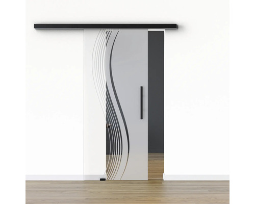 Porte vitrée coulissante Pertura set complet Glera Reflect 02 775x2050 mm gauche y compris ferrure Selir aluminium noir, poignée barre Porte coulissante en verre avec motif ondulé devant un mur blanc