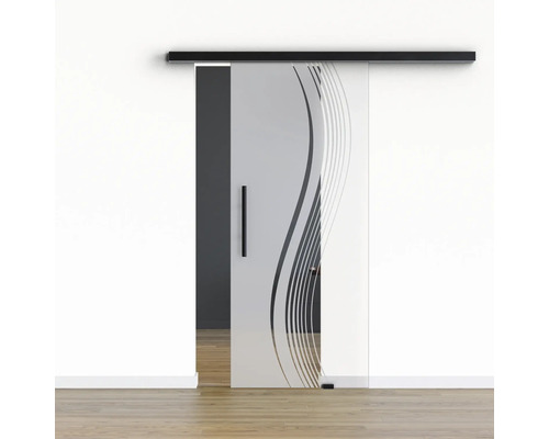 Porte vitrée coulissante Pertura set complet Glera Reflect 02 775x2175 mm droite y compris ferrure Selir aluminium noir, poignée barre Porte vitrée coulissante Pertura set complet Glera Reflect 02 775x2175 mm droite y compris ferrure Selir aluminium noir, poignée barre
