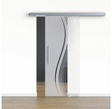 Porte en verre avec système de porte coulissante et motif