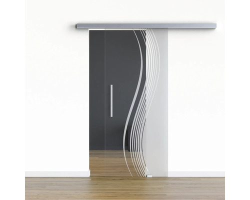 Pertura Glasschiebetür Komplettset Glera Reflect 01 775x2050 mm Rechts inkl.Beschlag Selir Aluminium Edelstahloptik,Stangengriff Schiebetür aus Glas mit Wellenmuster und Griff