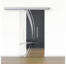 Porte en verre avec système de porte coulissante et décor abstrait