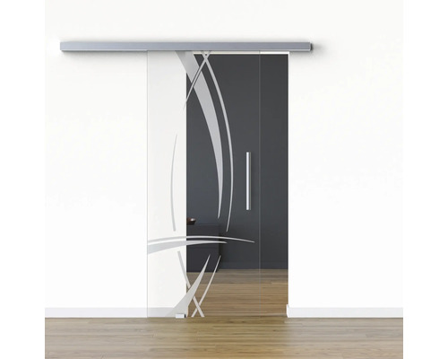 Porte vitrée coulissante Pertura set complet Glera Tangle 01 775x2050 mm gauche y compris ferrure Selir aluminium aspect inox, poignée barre Porte coulissante en verre avec décor abstrait pour l''intérieur