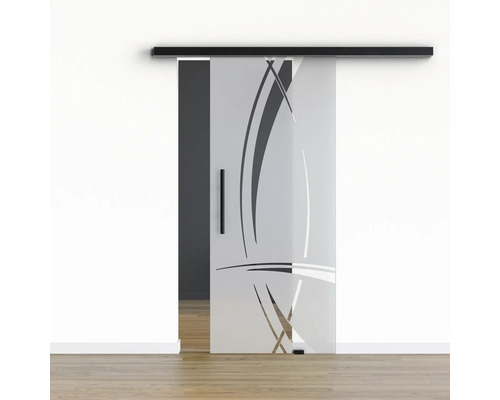 Porte vitrée coulissante Pertura set complet Glera Tangle 02 775x2175 mm droite y compris ferrure Selir aluminium noir, poignée barre Porte vitrée coulissante Pertura set complet Glera Tangle 02 775x2175 mm droite y compris ferrure Selir aluminium noir, poignée barre