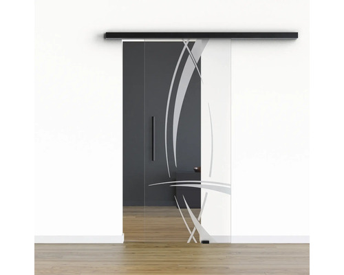 Porte vitrée coulissante Pertura set complet Glera Tangle 01 775x2175 mm droite y compris ferrure Selir aluminium noir, poignée barre Porte vitrée coulissante Pertura set complet Glera Tangle 01 775x2175 mm droite y compris ferrure Selir aluminium noir, poignée barre