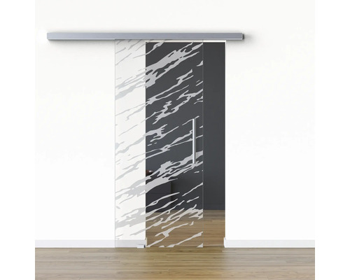 Pertura Glasschiebetür Komplettset Glera Vision 01 900x2175 mm Links inkl. Beschlag Selir Aluminium Edelstahloptik,Stangengriff Glasschiebetür mit Muster vor einer Wand