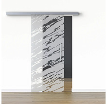 Schiebetür aus Glas mit abstrakten Mustern und Metallgriff vor einer weißen Wand