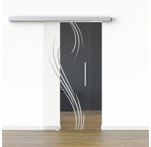 Porte en verre avec décor linéaire et poignée
